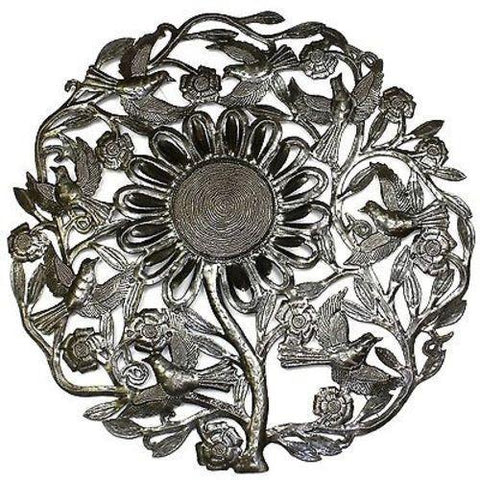 Sunflower and Birds Metal Wall Art 24-inch Diameter Handmade and Fair Trade