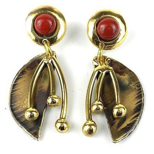 Red Jasper Pod Brass Post Earrings - Brass Images (N)