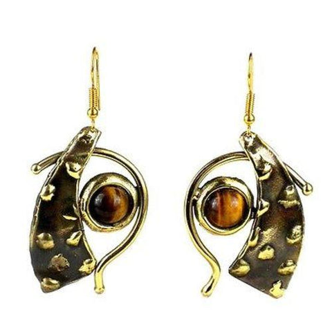 Tucked Tiger Eye Brass Earrings